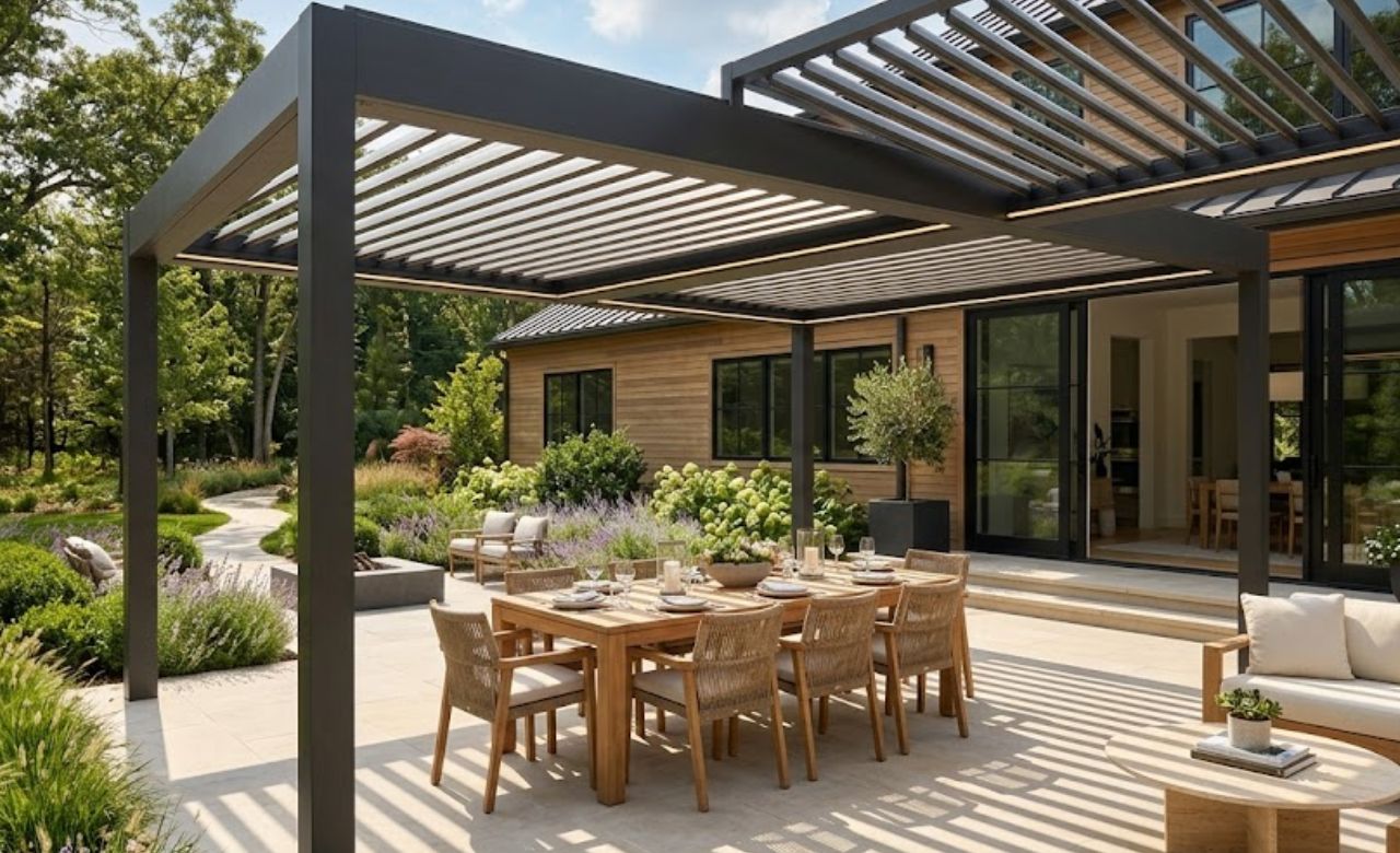 Pavilion With Louvered Roof Small Backyard Pavilion Idea