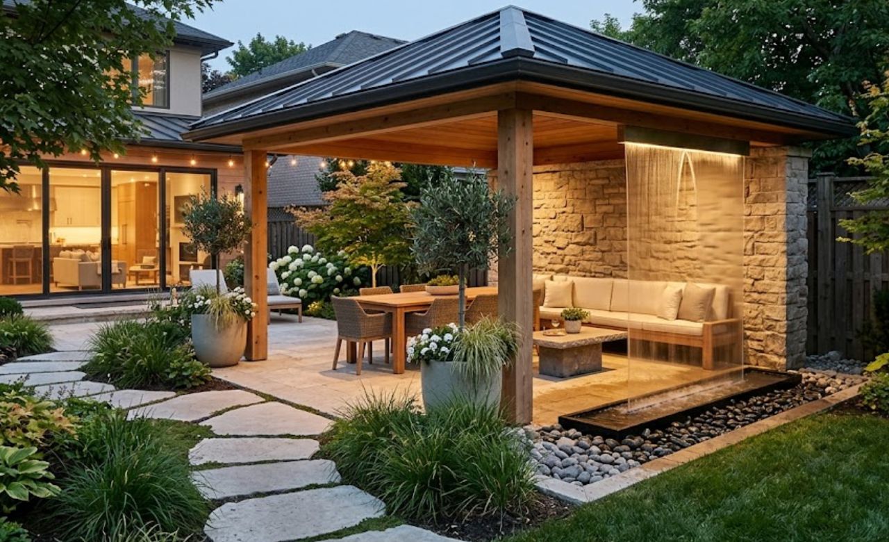 Pavilion With Water Feature Integration Small Backyard Pavilion Idea