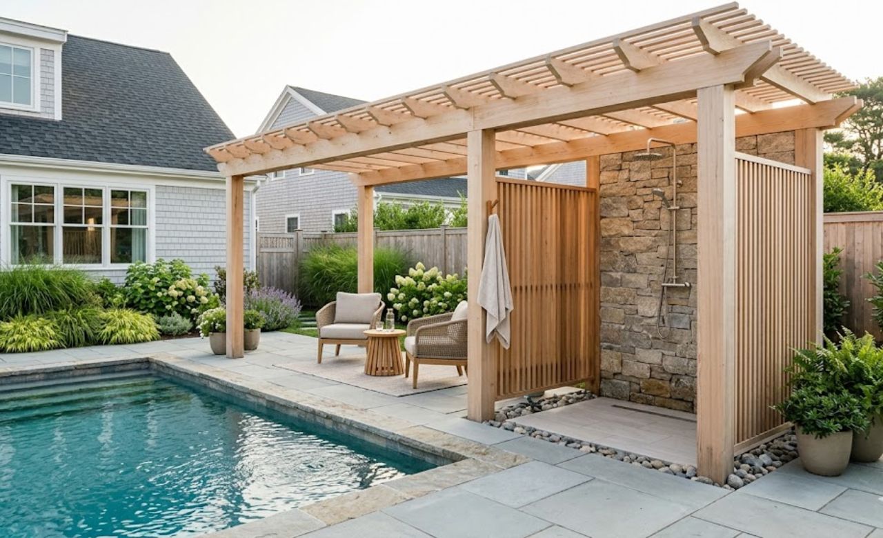 Pergola With Outdoor Shower Integration Lights Pergola Ideas for Pool Area Decor