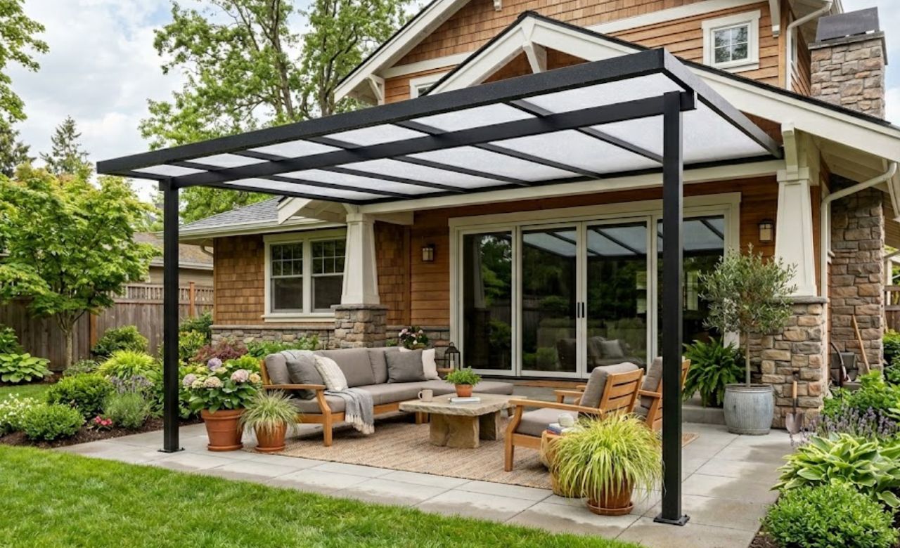 Polycarbonate Roof Panels Covered Pergola Idea for Patio Area