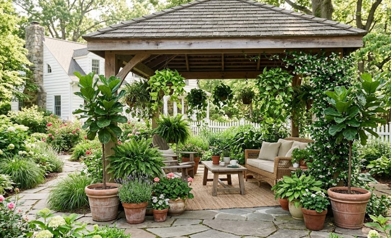Potted Plants and Greenery Inside the Gazebo Decorating Ideas Backyard