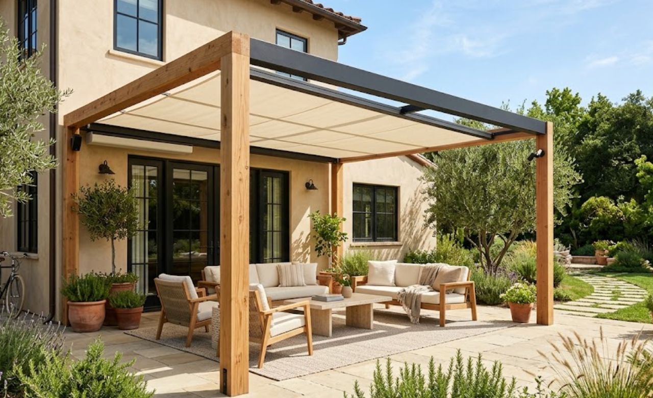 Retractable Awning Covered Pergola Idea for Patio Area