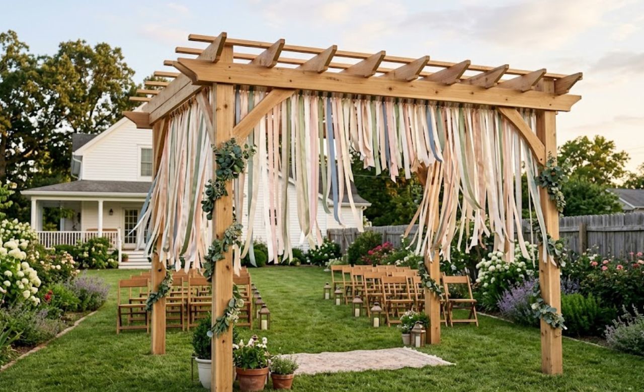 Ribbon Streamers From the Top Beams Budget-Friendly Wedding Pergola Decorating Ideas