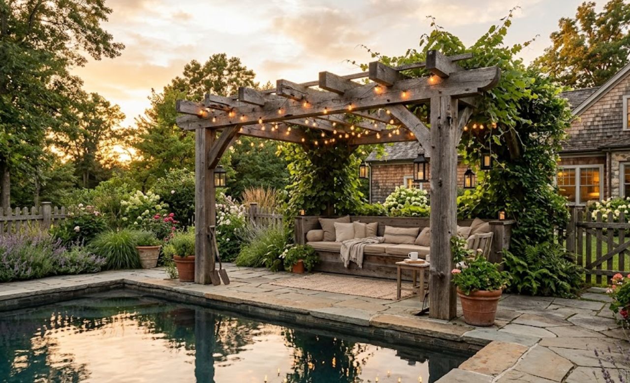 Rustic Timber Pergola With String Lights Pergola Ideas for Pool Area Decor