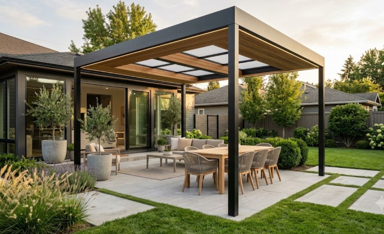 Simple Four-Post Pavilion With Flat Roof Small Backyard Pavilion Idea