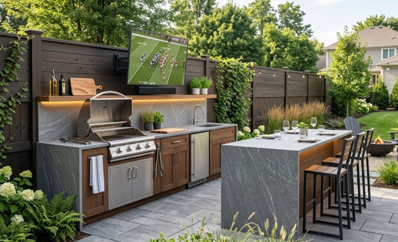 Small Kitchen With Outdoor Theatre Setup Backyard Kitchen Ideas