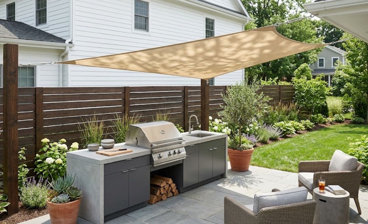  Small Kitchen With Shade Sail Overhead Small Outdoor Kitchen Ideas