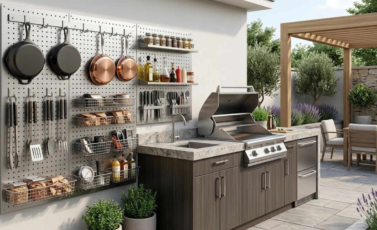Stainless Steel Pegboard on the Side Wall outdoor kitchen storage ideas