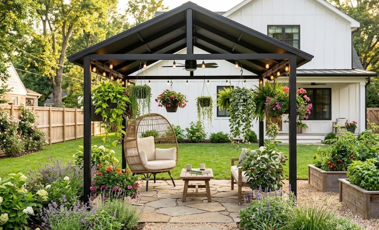 Steel Frame Gazebo with Hanging Planters