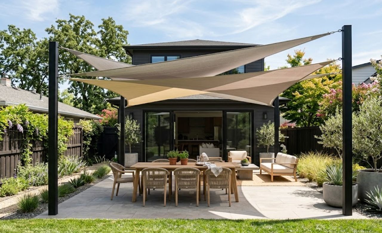 Steel Frame Pavilion With Shade Sails Small Backyard Pavilion Idea