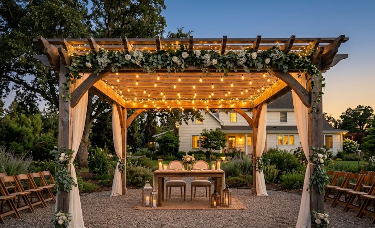String Lights Across the Top Budget-Friendly Wedding Pergola Decorating Ideas
