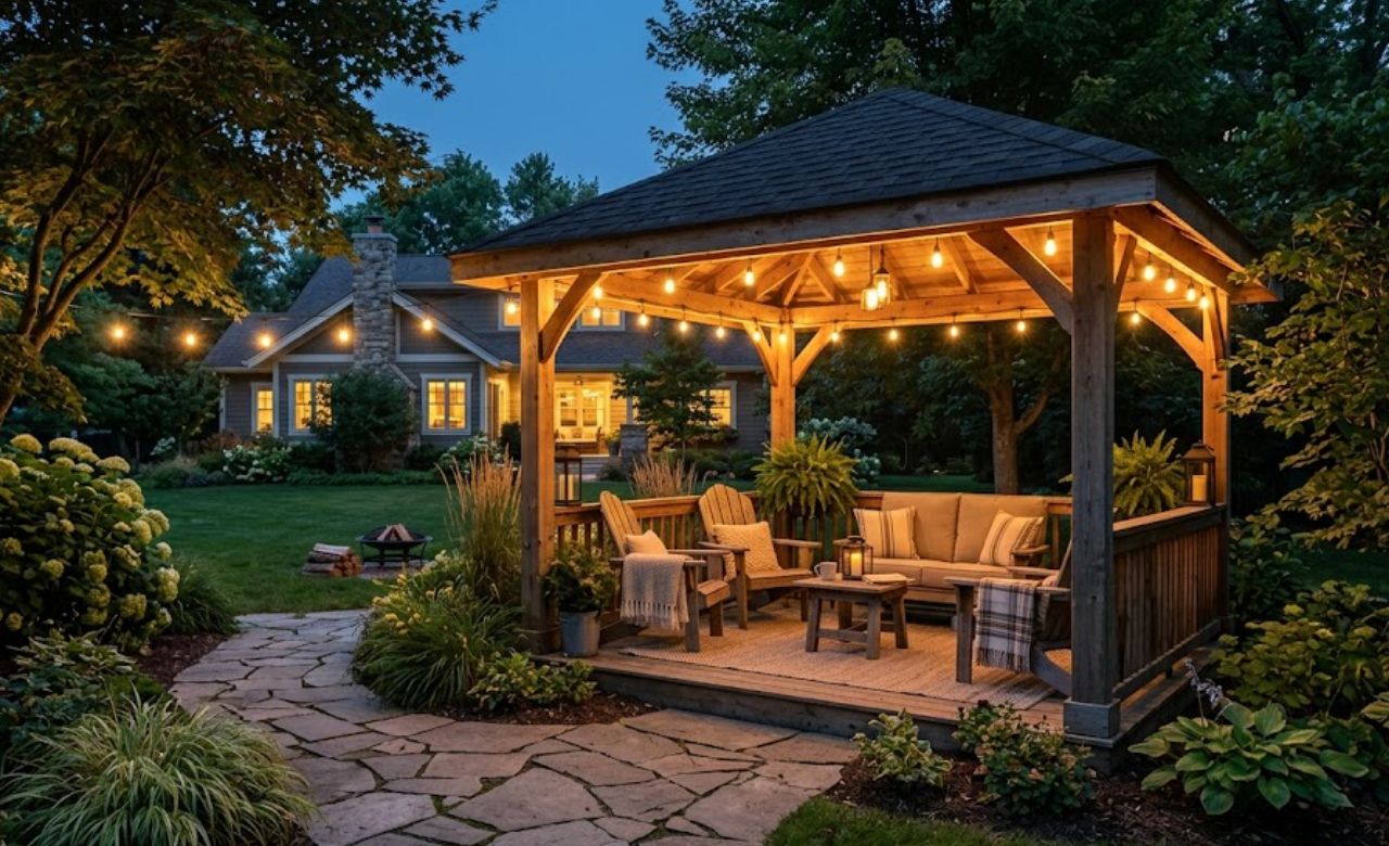 String Lights Along the Roofline Cozy Gazebo Decorating Ideas Backyard