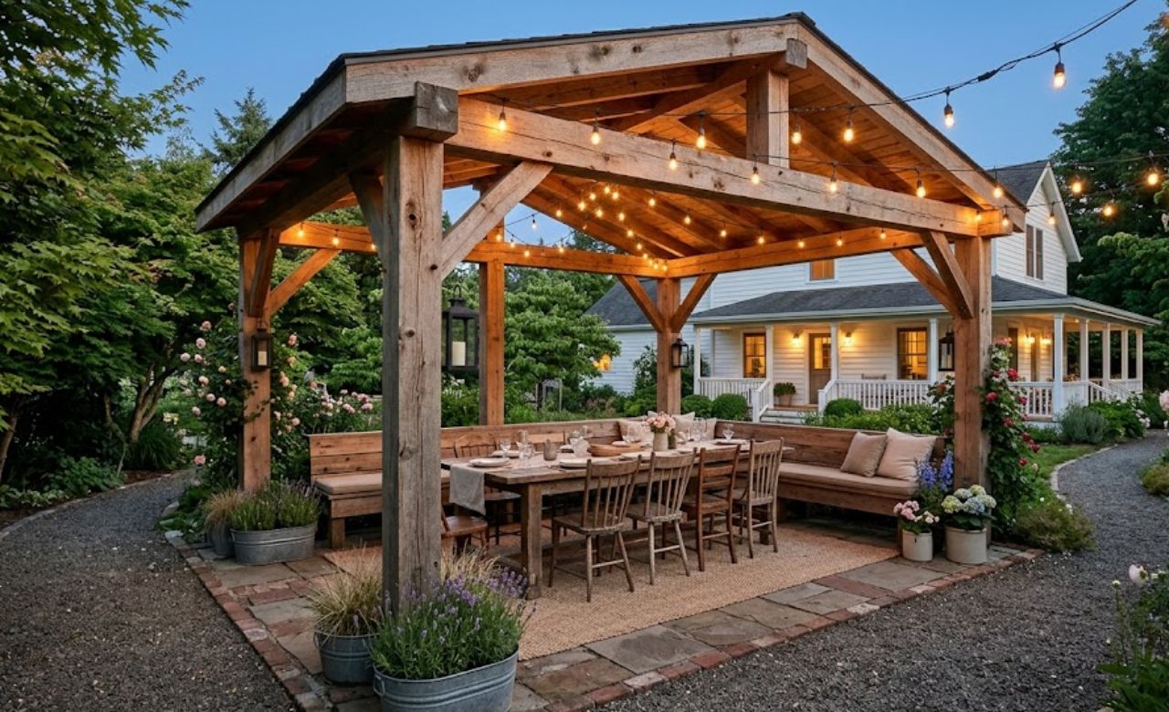 Timber Pavilion With String Lights Small Backyard Pavilion Idea
