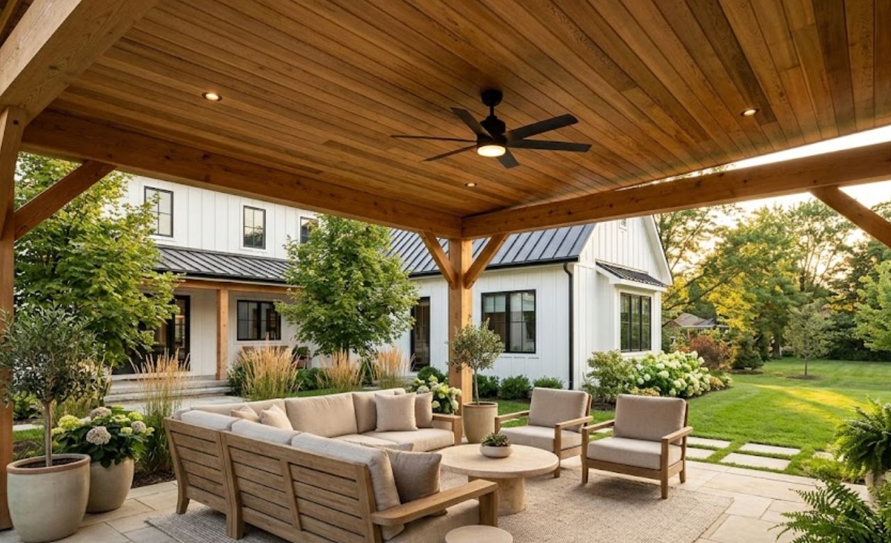 Timber Tongue and Groove Ceiling Covered Pergola Idea for Patio Area
