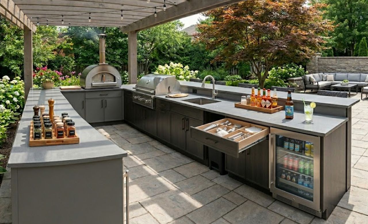 Under-Bench Bar Fridge With Storage Drawer Above outdoor kitchen storage ideas