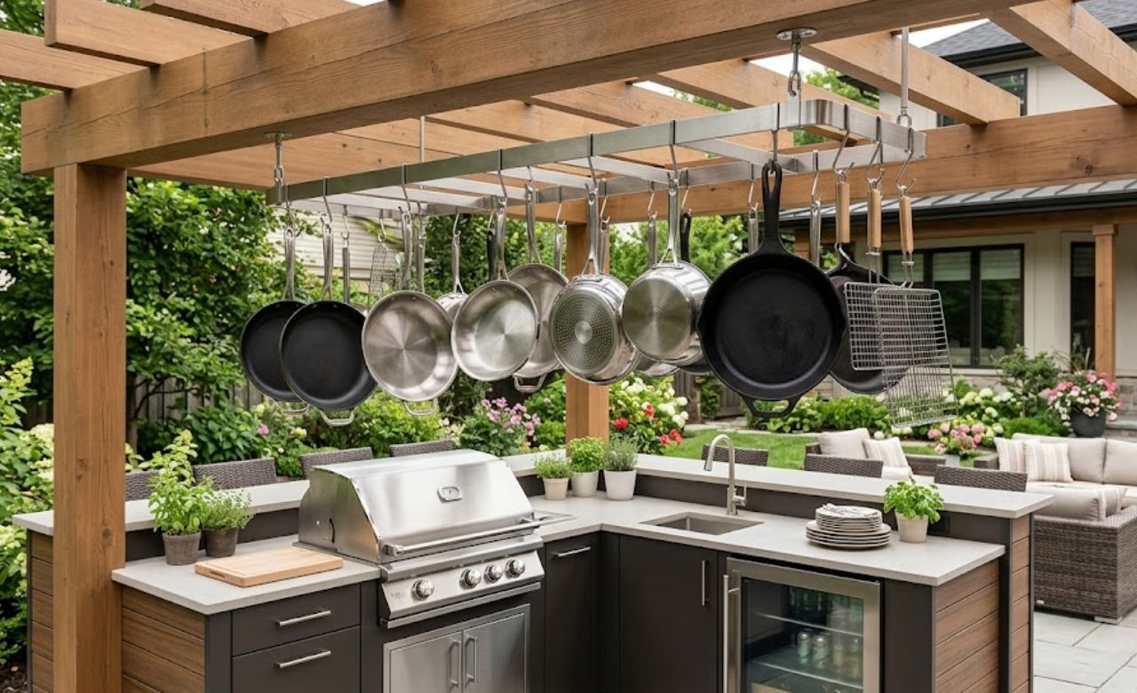 Vertical Pot and Pan Rack Overhead outdoor kitchen storage ideas
