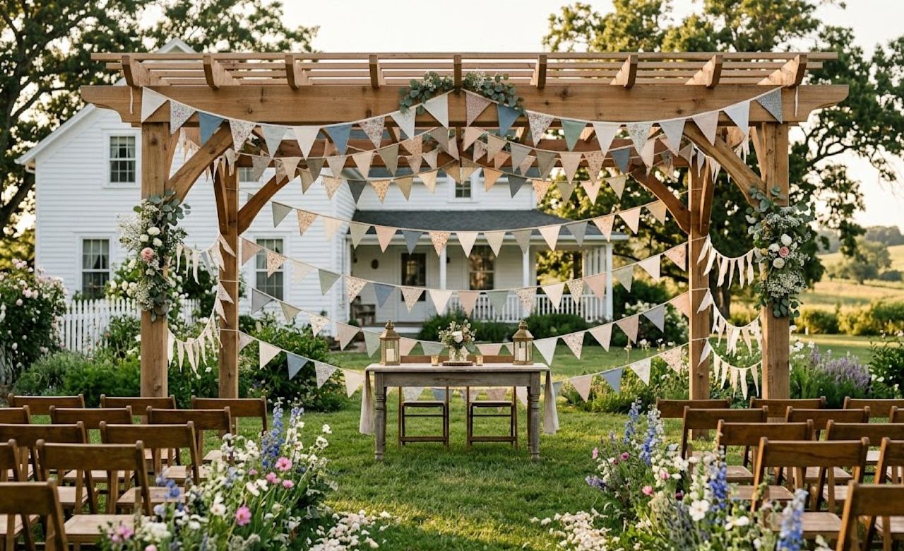 Vintage Fabric Pennant Bunting Budget-Friendly Wedding Pergola Decorating Idea
