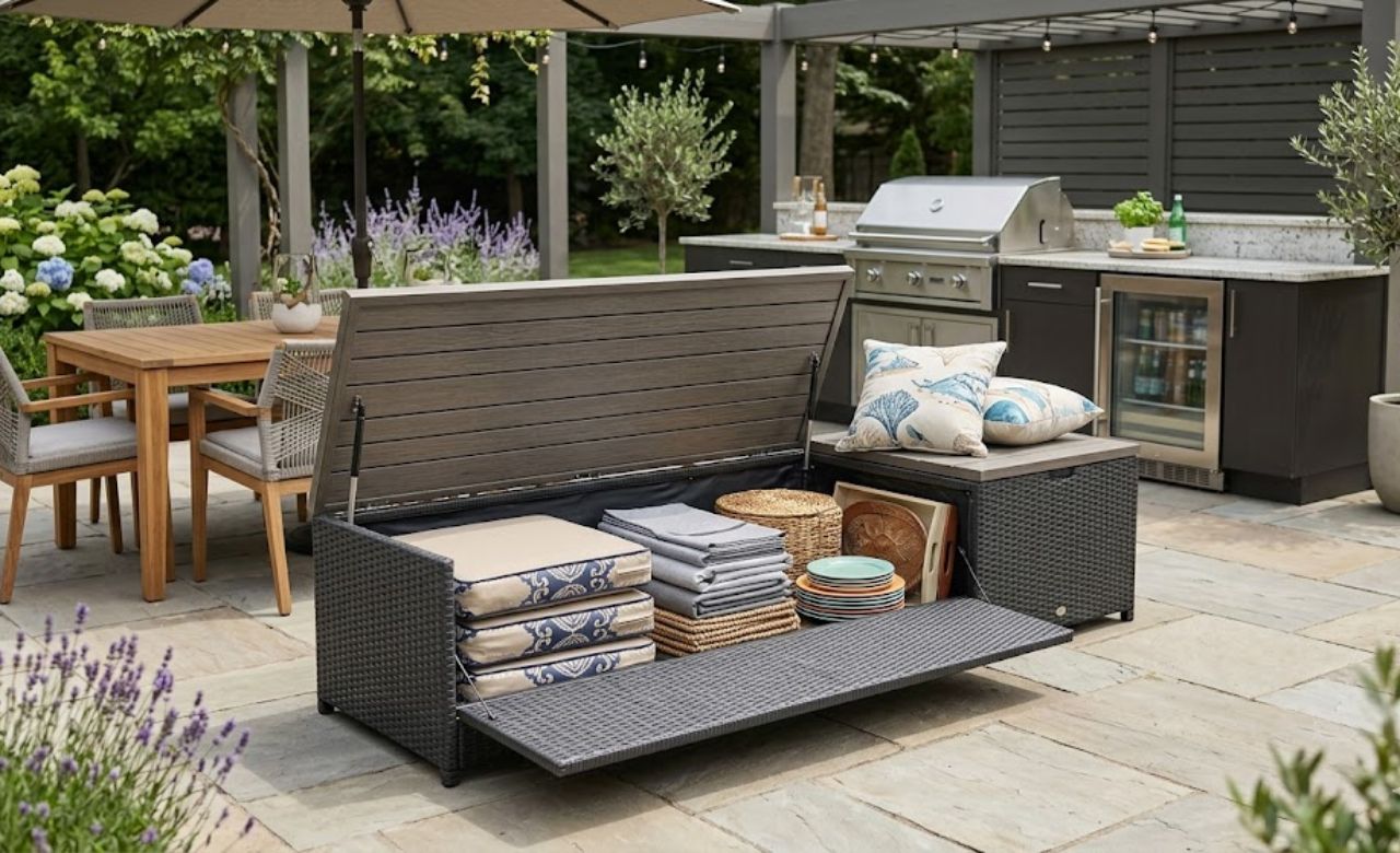 Weatherproof Storage Bench Beside the Kitchen outdoor kitchen storage ideas