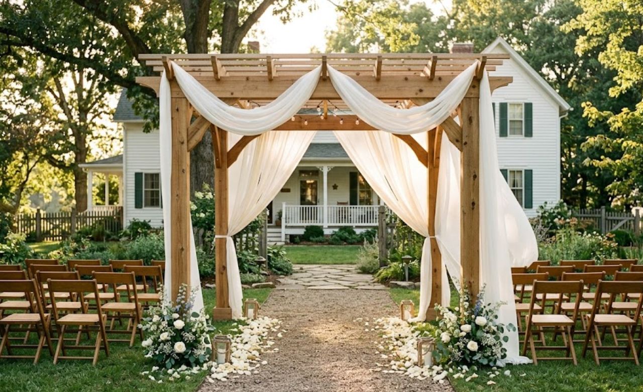 White Fabric Draping Budget-Friendly Wedding Pergola Decorating Ideas