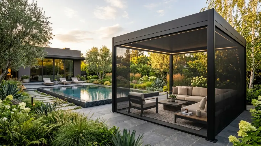 Black Steel Frame Gazebo with Floor-to-Ceiling Screens