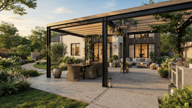 Concrete patio with pergola or pavilion