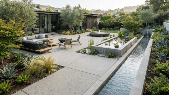 Concrete patio with water feature integration