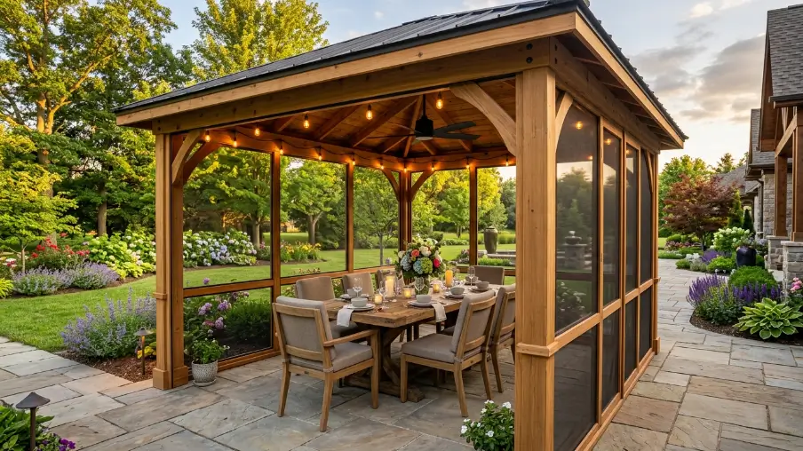 Full Outdoor Dining Gazebo with Screened Walls