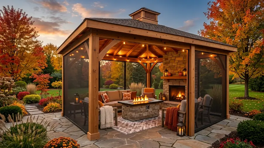 Screened Gazebo with a Fireplace or Fire Table