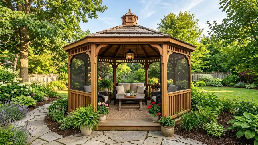 Wooden Octagon Gazebo with Fine Mesh Screens